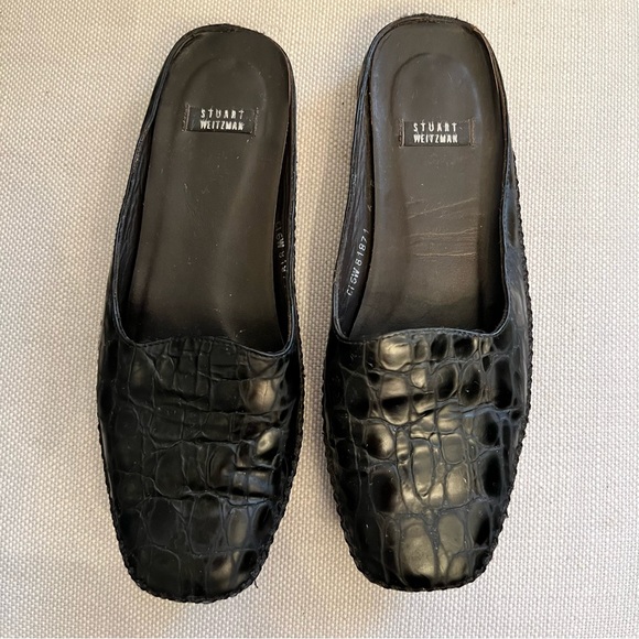 Stuart Weitzman Black Croc-Embossed Mules - Picture 1 of 5